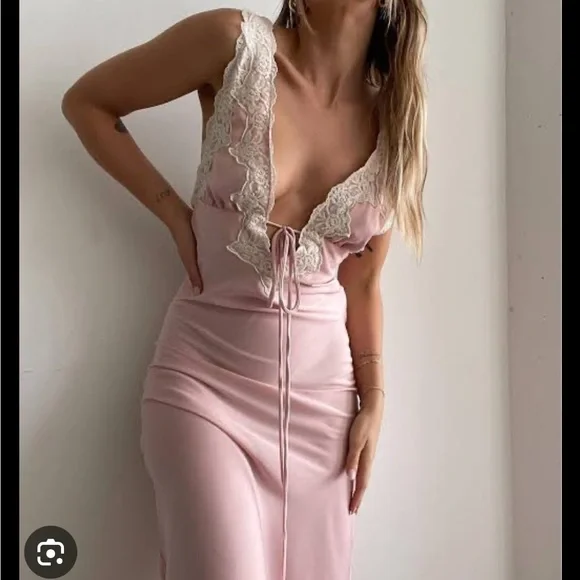 Rumored Pink Venice Lace Trim Pink Satin Maxi Slip Dress Small NWT